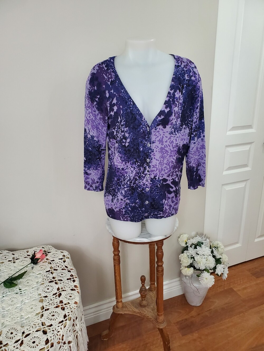 Purple Fine Ribknit V-Neck Button Cardigan L 37-39 Bust